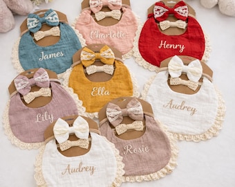 Personalized Lace Ruffle Baby Bib Set: Gauze Bib & Bow Headband