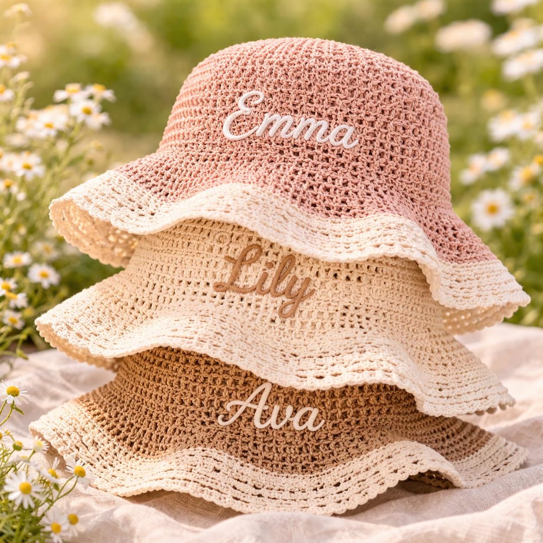 Personalized Girls Crochet Sun Hat, Custom Name Summer Beach, Lace Brim Bucket Hat