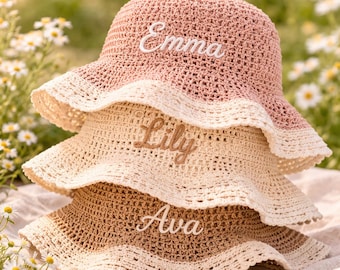 Personalized Crochet Baby Sun Hat, Custom Embroidered Name, Summer Beach Toddler Hat