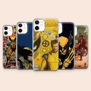 May include: A collection of five iPhone cases featuring Wolverine from Marvel Comics. The cases showcase various illustrations of the character, including comic book art and portraits. The color palette includes yellow, blue, and brown.