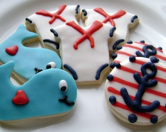 Mini Nautical Baby Shower Cookies - Anchor, Whale, Sailor Suit - Red and Navy Blue - 2 1/2 Dozen Mini Cookies