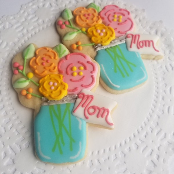 Mother's Day Sugar Cookies - Flower Mason Jar Cookies - Gift Bag or Favors
