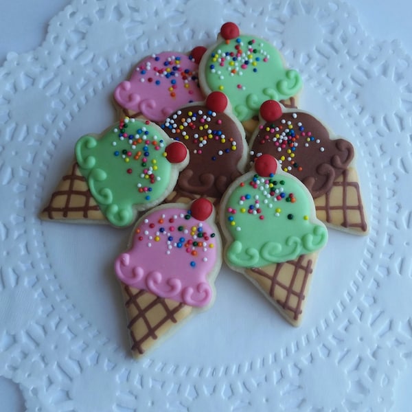 Mini Ice Cream Cone Decorated Sugar Cookies - 2 1/2 Dozen Mini Cookies