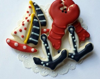 Mini Nautical Cookies - Anchor, Lobster, Sailboat - Red and Navy Blue - Bite Size - 2 1/2 Dozen Mini Cookies