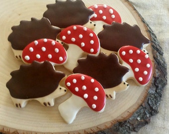 Little Hedgehog and Mushroom Cookies - Mini Woodland Sugar Cookies - 2 1/2  Dozen Cookies