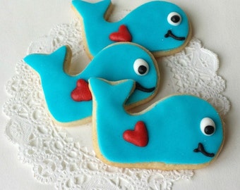 Mini Whale with Heart Sugar Cookies - Valentine's Day - Mini Bites - 2 1/2 Dozen Mini Cookies