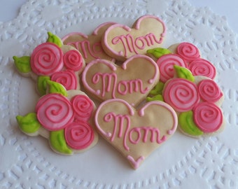 Mother's Day Mini Sugar Cookies - Gold Heart Cookies - Rose Flower Cookies - Mom Cookies - 2 1/2 Dozen Mini Cookies