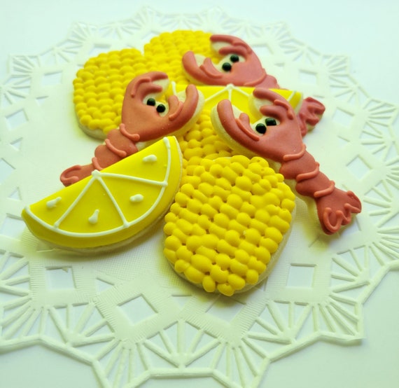 Mini Lobster Bake Sugar Cookies - Mini Lobster, Corn Cob and Lemon Cookies - 2 1/2 Dozen  - Lobster Boil