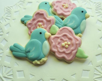 Mini Blue Bird and Flower Sugar Cookies - 2 1/2 Dozen Mini Cookies