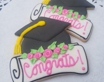 Graduation Cookies - Cap and Diploma Cookies - Favors or Gift Box - Custom School Colors - 6 Cookies