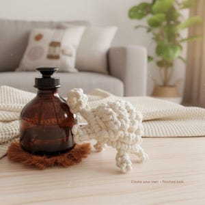 May include: A dark amber glass bottle with a black stopper sits on a small, round, fringed brown coaster next to a white macrame turtle figurine. The text "Create your own - finished look." is printed in the lower right corner of the image.