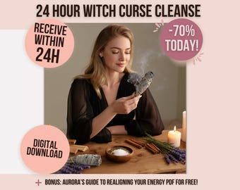 Puede incluir: Imagen que promociona una limpieza de maldición de bruja de 24 horas. Una mujer sostiene un manojo de salvia humeante. La imagen incluye texto: "24 HOUR WITCH CURSE CLEANSE", "RECEIVE WITHIN 24H", "-70% TODAY!" y "DIGITAL DOWNLOAD".
