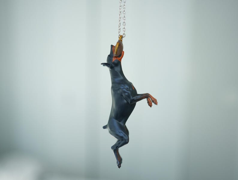 Car hanging ornament - Doberman catching a tug bite toy image 2