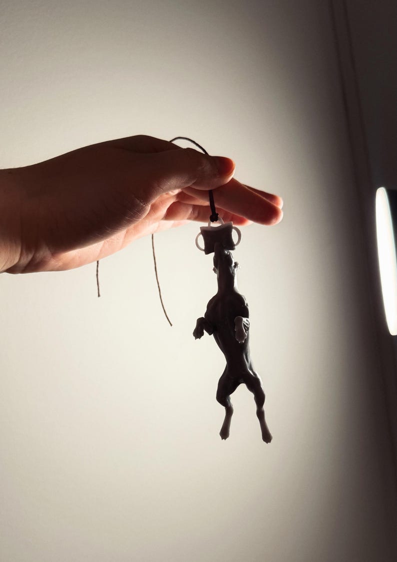 May include: A dark brown, sculpted dog figurine pendant hanging from a thin black cord. The dog is depicted in a standing, upright position with its front paws raised. The pendant is attached to the cord by a small, light-colored rectangular loop.
