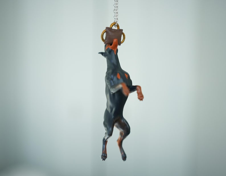 Car hanging ornament - Doberman catching a tug bite toy image 4