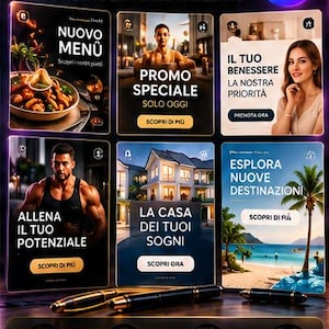 Può includere: Un set di modelli Canva digitali con sei grafiche professionali pronte per essere personalizzate. Il layout include varie immagini promozionali con testo, icone e un tema scuro. Tre penne nere sono posizionate nella parte inferiore dell'immagine.