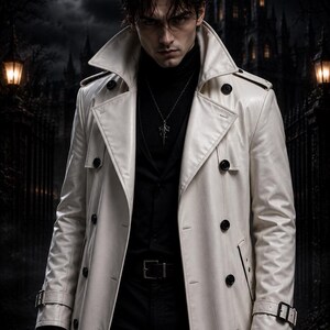 May include: A long, off-white double-breasted trench coat with black buttons, worn over a black turtleneck and black trousers. The coat features a wide collar, shoulder epaulets, and buckled sleeve straps. A silver pendant necklace is worn over the shirt.