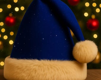 May include: A blue Santa hat with a white fur trim and a matching pom-pom. The hat has a starry pattern and is set against a blurred background of Christmas lights and ornaments, suggesting a festive theme.