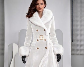 May include: A floor-length white coat featuring a wide faux fur collar and matching faux fur cuffs. The double-breasted garment includes gold-toned buttons, a belted waist with a gold-toned buckle, and a flared skirt silhouette with fur trim.