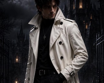 May include: A long, off-white trench coat with a wide collar and dark buttons, worn over a black turtleneck sweater, black trousers, and black boots. The outfit includes a silver pendant necklace and black gloves, creating a high-contrast look.