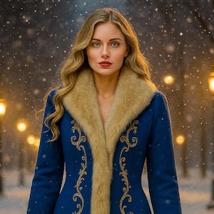 May include: A long, deep blue coat featuring a thick, tan faux fur trim along the collar, cuffs, and hem. The front of the coat is decorated with intricate, symmetrical gold embroidery patterns that run vertically along the opening.
