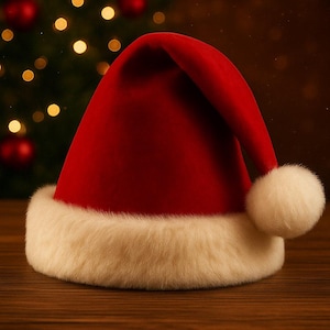 Puede incluir: Un gorro de Pap&aacute; Noel de color rojo brillante con un borde grueso, blanco y esponjoso en la base, y un pomp&oacute;n blanco a juego en la punta. El gorro est&aacute; confeccionado con una tela suave y lisa, y est&aacute; doblado en la parte superior.