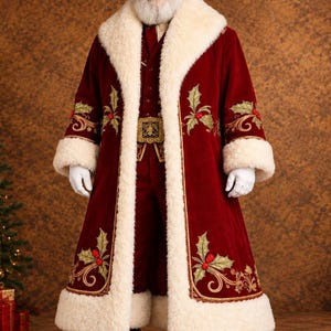 May include: A Santa Claus costume featuring a deep red velvet long coat and matching trousers, trimmed with thick white faux fur. The coat is decorated with embroidered green holly leaves and red berries. Includes a matching hat and white gloves.