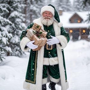 May include: A figure dressed in a long, dark green velvet coat with thick white faux fur trim, a matching hat, and black boots. The figure wears white gloves and carries a stack of brown paper-wrapped gifts tied with twine and pine cones.