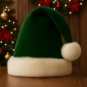 May include: A deep green velvet hat with a thick, fluffy white faux fur trim around the base and a matching white faux fur pom-pom attached to the pointed, folded-over top. The hat features a smooth, solid-colored fabric construction.