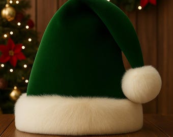 May include: A deep green velvet hat with a thick, fluffy white faux fur trim around the base and a matching white faux fur pom-pom attached to the pointed, folded-over top. The hat features a smooth, solid-coloured fabric construction.