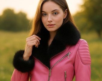Pink FurCollar Leather Jacket for Women, Stylish Warm Winter Outerwear