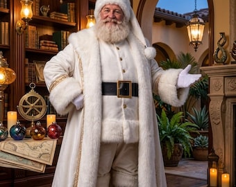 May include: A figure dressed in a long white velvet coat with thick white faux fur trim, a matching hat, and white gloves. The outfit includes a black leather belt with a gold buckle, white trousers, and black boots. The figure has a full white beard.