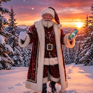 Puede incluir: Santa Claus viste un abrigo largo de terciopelo rojo con ribete de piel blanca, un gorro a juego, un cinturón negro con hebilla dorada y botas negras. Sostiene un teléfono inteligente en una mano en un bosque nevado al atardecer.