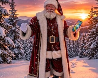 May include: Santa Claus wearing a long red velvet coat with white fur trim, a matching hat, a black belt with a gold buckle, and black boots. Santa is holding a smartphone in one hand while standing in a snowy forest at sunset.