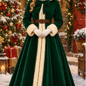 May include: A floor-length dark green velvet coat featuring a hood with cream-colored faux fur trim, long sleeves with matching fur cuffs, a front bow closure, and a brown leather belt with a metal buckle worn at the waist.