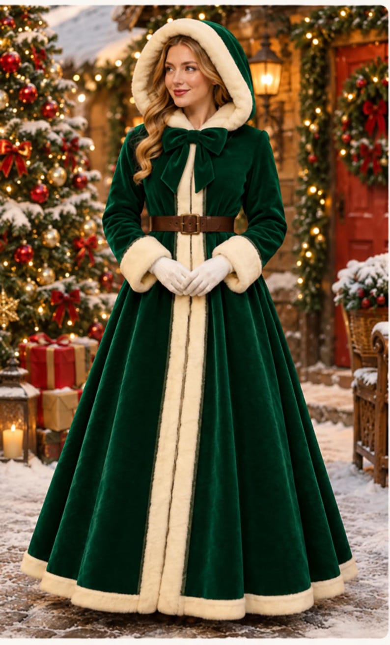 May include: A floor-length dark green velvet coat featuring a hood with cream-colored faux fur trim, long sleeves with matching fur cuffs, a front bow closure, and a brown leather belt with a metal buckle worn at the waist.