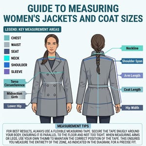 Puede incluir: Un diagrama instructivo titulado GUIDE TO MEASURING JACKETS AND COAT SIZES. Muestra vistas frontal y posterior de una figura con un abrigo gris de doble botonadura, con l&iacute;neas y etiquetas que indican puntos de medici&oacute;n como pecho y cintura.