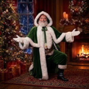 May include: A person dressed as Santa Claus wearing a long, deep green velvet hooded robe with thick white faux fur trim, a brown leather belt with gold accents, and black boots, with arms outstretched in a welcoming gesture.