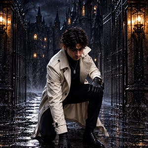 May include: A beige trench coat worn over a black turtleneck and black trousers. The outfit includes black leather gloves and black boots. A silver dog tag necklace hangs around the neck. The attire is shown in a dark, gothic-inspired setting.