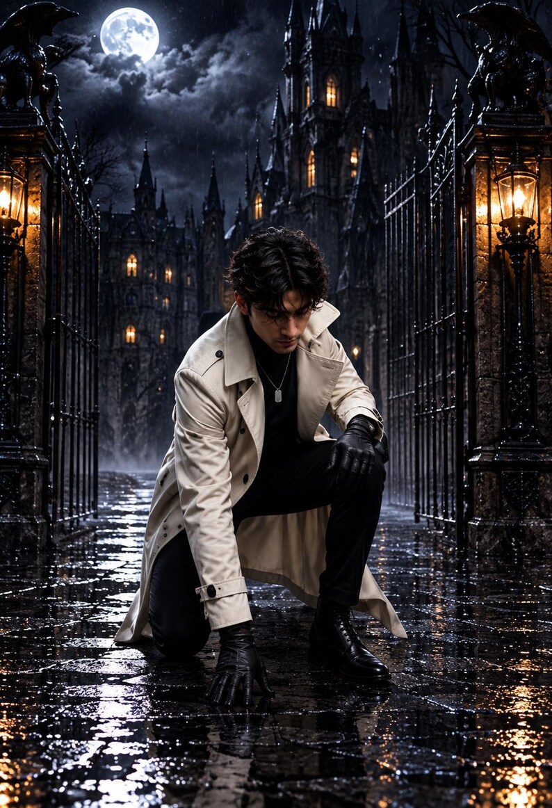 May include: A beige trench coat worn over a black turtleneck and black trousers. The outfit includes black leather gloves and black boots. A silver dog tag necklace hangs around the neck. The attire is shown in a dark, gothic-inspired setting.