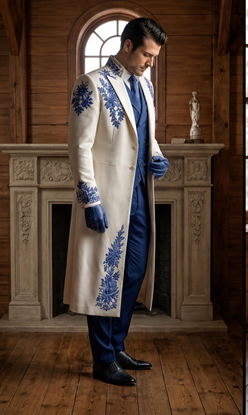 Puede incluir: Un abrigo largo de color crema con intrincados bordados florales azules en los hombros, pu&ntilde;os y dobladillo. El abrigo se lleva sobre un chaleco azul, una corbata azul y pantalones azules. El conjunto incluye guantes de cuero azul y zapatos de vestir negros.