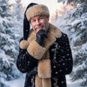 May include: A dark blue velvet coat with silver embroidery and thick beige faux fur trim on the collar and cuffs. The coat is paired with a matching dark blue velvet hat featuring a beige faux fur brim and a pom-pom, plus black leather gloves.