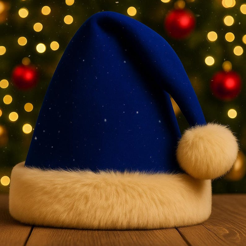 Puede incluir: Un gorro de Pap&aacute; Noel azul marino con un ribete de piel sint&eacute;tica crema y un pomp&oacute;n a juego. El gorro tiene un patr&oacute;n de estrellas y se encuentra sobre un fondo borroso de luces y adornos navide&ntilde;os, sugiriendo un tema festivo.