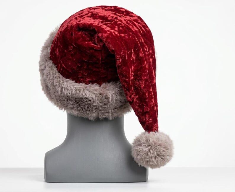 Luxury Red Santa Hat with Plush Fur Trim, Elegant Christmas Headwear, Festive Winter Holiday Hat image 14
