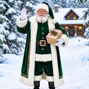 May include: A figure dressed in a long, dark green velvet coat and matching hat with white faux fur trim, wearing a black belt with a gold buckle, white gloves, and black boots, holding a brown wrapped gift with a small pine decoration.