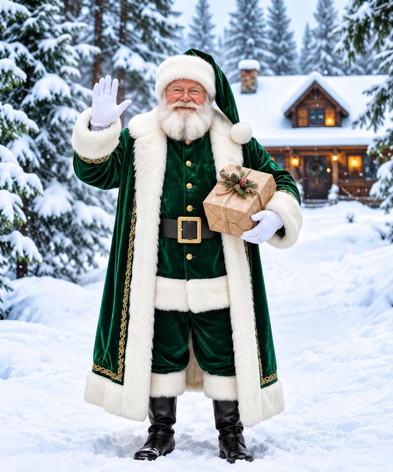 May include: A figure dressed in a long, dark green velvet coat and matching hat with white faux fur trim, wearing a black belt with a gold buckle, white gloves, and black boots, holding a brown wrapped gift with a small pine decoration.