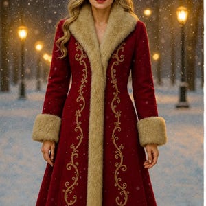 May include: A long, deep red coat featuring a thick, beige faux fur trim along the collar, cuffs, and hem. The front of the coat is decorated with intricate, symmetrical gold embroidery that runs vertically along both sides of the opening.