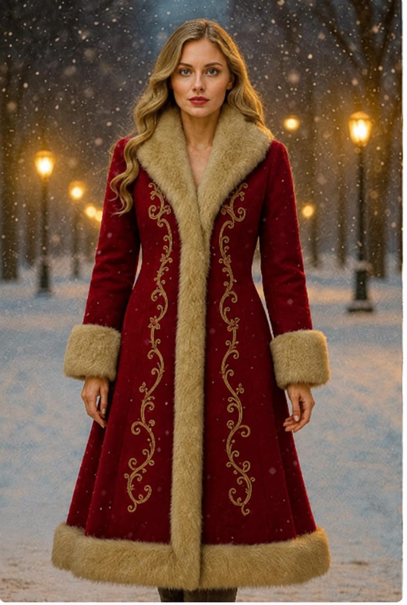 May include: A long, deep red coat featuring a thick, beige faux fur trim along the collar, cuffs, and hem. The front of the coat is decorated with intricate, symmetrical gold embroidery that runs vertically along both sides of the opening.