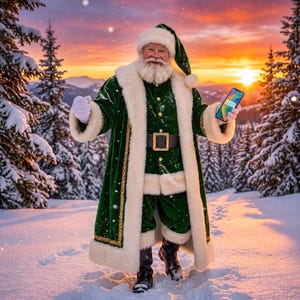 May include: A figure dressed in a long, dark green velvet coat with thick white faux fur trim, a matching hat, and a black belt with a gold buckle. The figure wears white gloves and holds a modern smartphone in a snowy, outdoor setting.