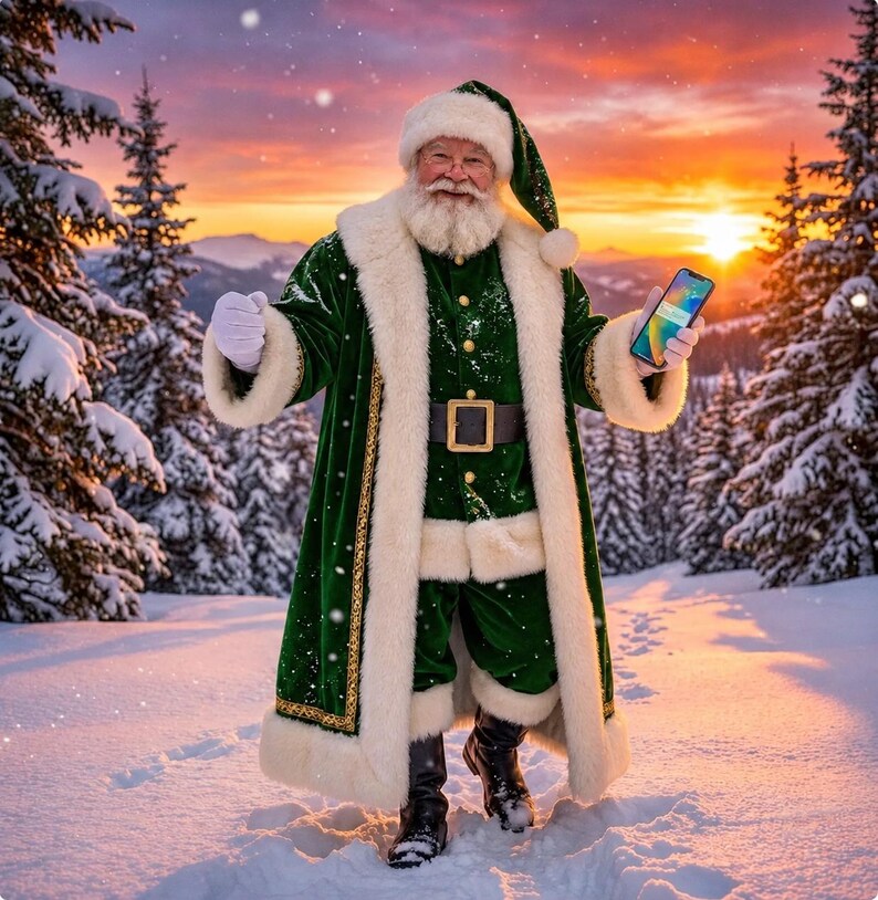 May include: A figure dressed in a long, dark green velvet coat with thick white faux fur trim, a matching hat, and a black belt with a gold buckle. The figure wears white gloves and holds a modern smartphone in a snowy, outdoor setting.